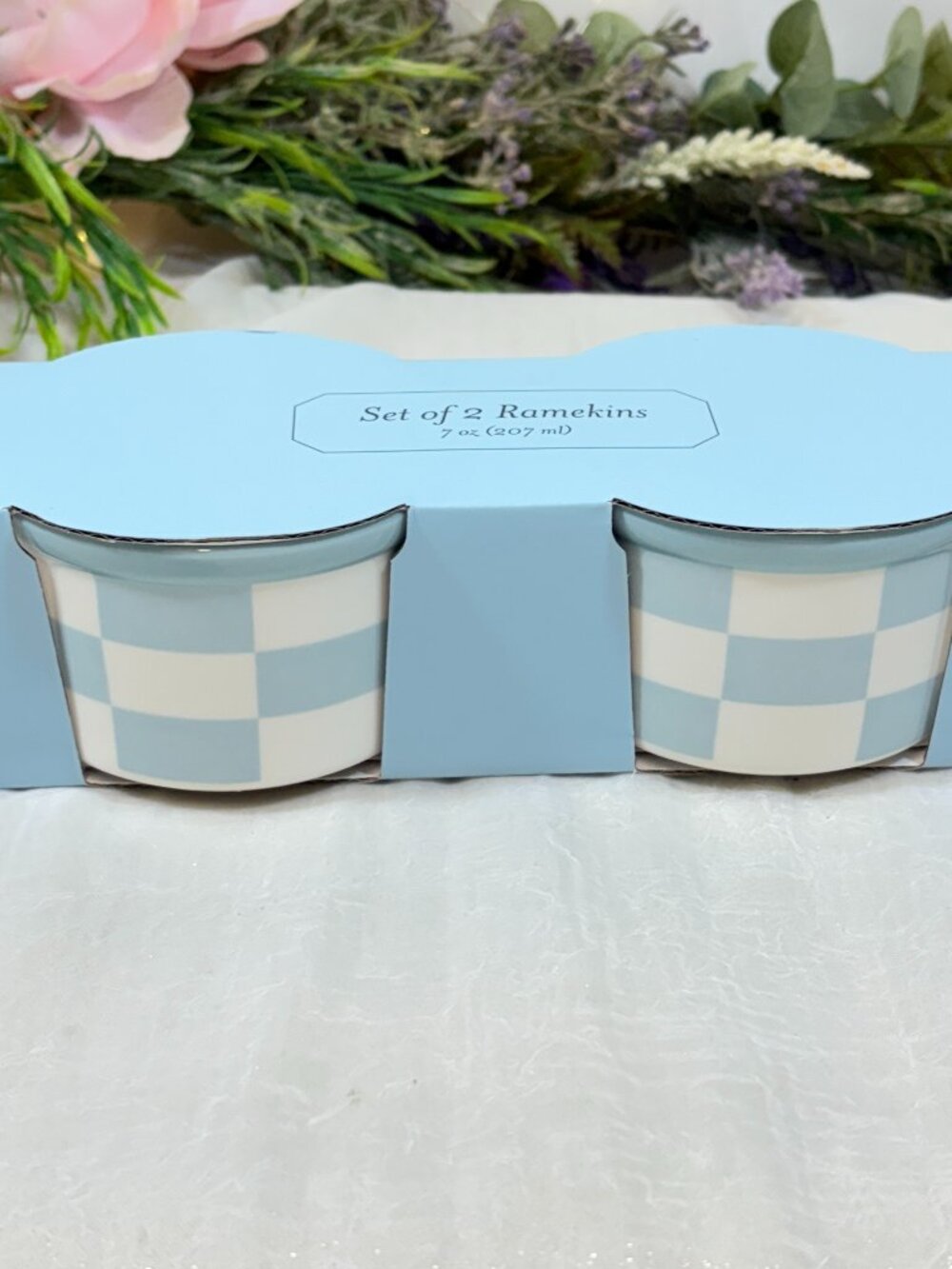 Blue and White Checkered Ceramic Ramekins 7 oz Checkerboard Bowls Set of 2 New